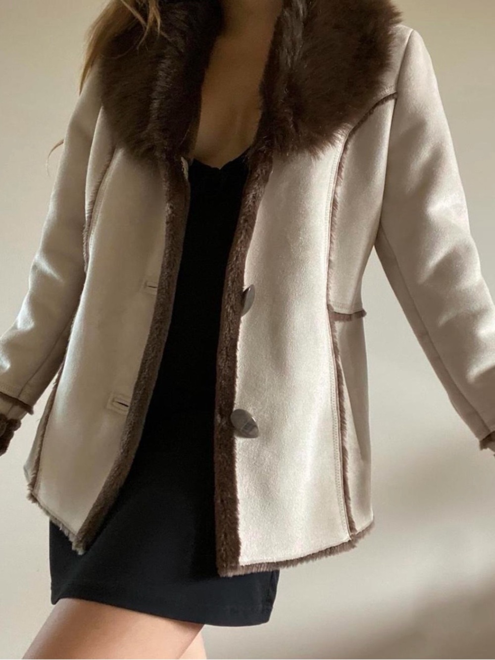 Women’s Cream Faux Shearling Coat with Brown Trim